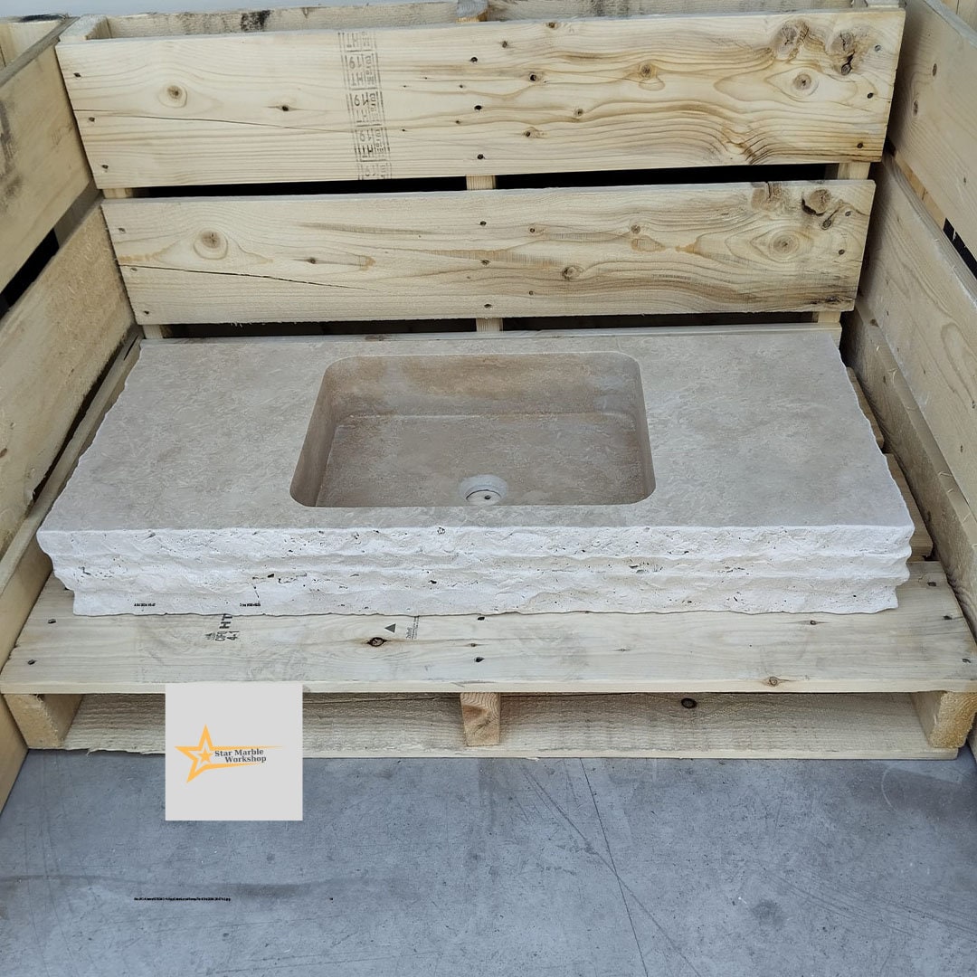 Ready to Ship Travertine Sink Wall Mounted Sink Farmhouse Sink Powder Room Sink Calacatta Sink Hand Carved Marble Sink Bathroom Sink