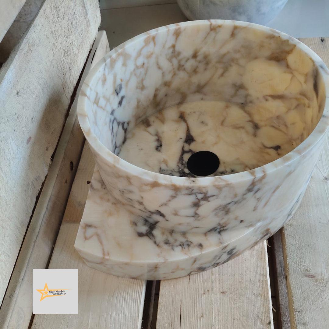 Hand Carved Calacatta Gold Marble Sink: Round Bathroom Vessel