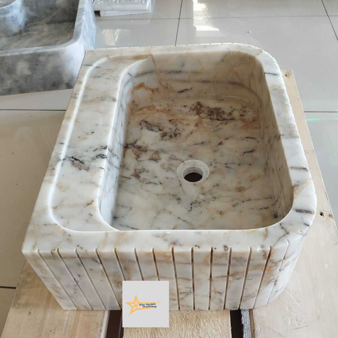 Ready To Ship Calacatta Gold Rectangular Sink Wall Mounted Sink Powder Room Sink Calacatta Sink  Hand Carved Marble Sink Marble Washbasin