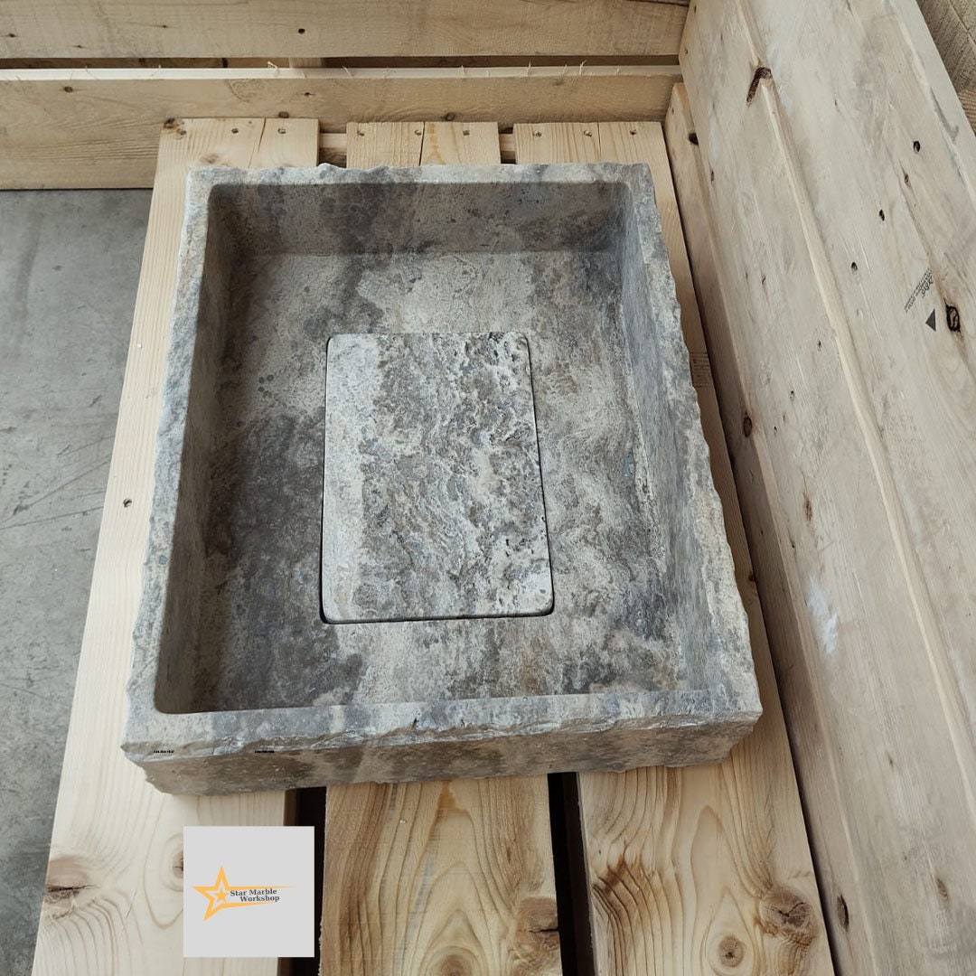 Ready to Ship Silver Travertine Sink Sink with Concealed Drain  Farmhouse Sink Powder Room Sink  Hand Carved Marble Sink Bathroom Sink