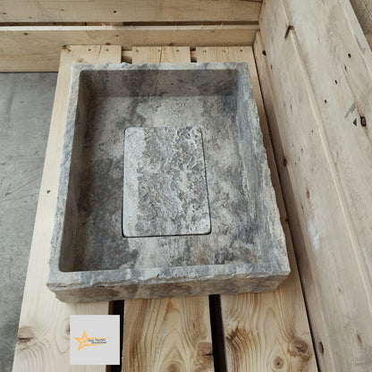 Ready to Ship Silver Travertine Sink Sink with Concealed Drain  Farmhouse Sink Powder Room Sink  Hand Carved Marble Sink Bathroom Sink