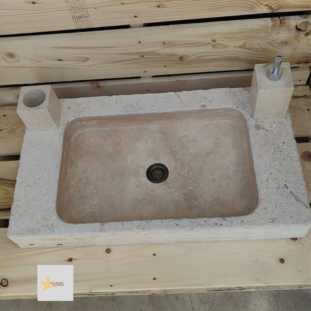 Ready to Ship Travertine Sink Wall Mounted Sink Farmhouse Sink Powder Room Sink Calacatta Sink Hand Carved Marble Sink Bathroom Sink