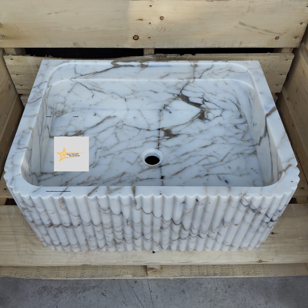 Ready To Ship Calacatta Gold Rectangular Sink Wall Mounted Sink Farmhouse Sink Powder Room Sink Calacatta Sink  Hand Carved Marble Sink