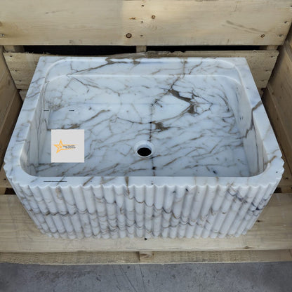 Ready To Ship Calacatta Gold Rectangular Sink Wall Mounted Sink Farmhouse Sink Powder Room Sink Calacatta Sink  Hand Carved Marble Sink