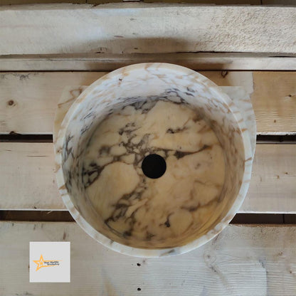 Hand Carved Calacatta Gold Marble Sink: Round Bathroom Vessel