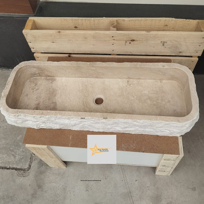 Hand Carved Travertine Marble Sink: Farmhouse Bathroom Vanity (36.2in x 12.5in x 5.9in)