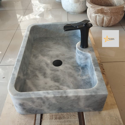 Ready to Ship Gray White Marble Sink Calacatta Viola Marble Sink Farmhouse Sink Powder Room Sink Hand Carved Marble with Faucet Holes