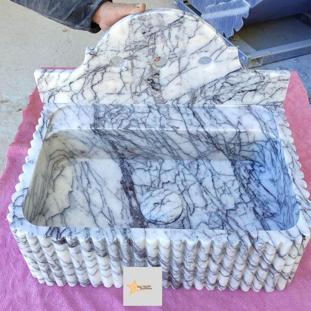 Calacatta Lilac Rectangular Sink, Sink With Faucet Hole Farmhouse Sink Powder Room Sink Calacatta Sink  Hand Carved Marble Sink Washbasin
