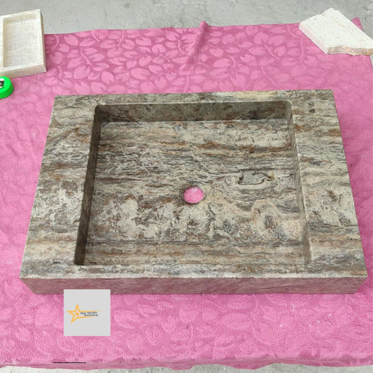 Ready to Ship Silver Travertine Sink Marble Washbasin Wall Mounted Sink  Powder Room Sink Hand Carved Marble Sink Bathroom Sink