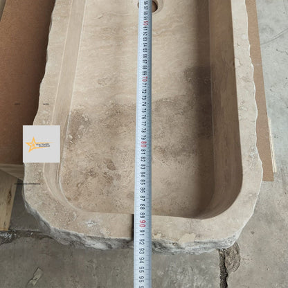 Hand Carved Travertine Marble Sink: Farmhouse Bathroom Vanity (36.2in x 12.5in x 5.9in)
