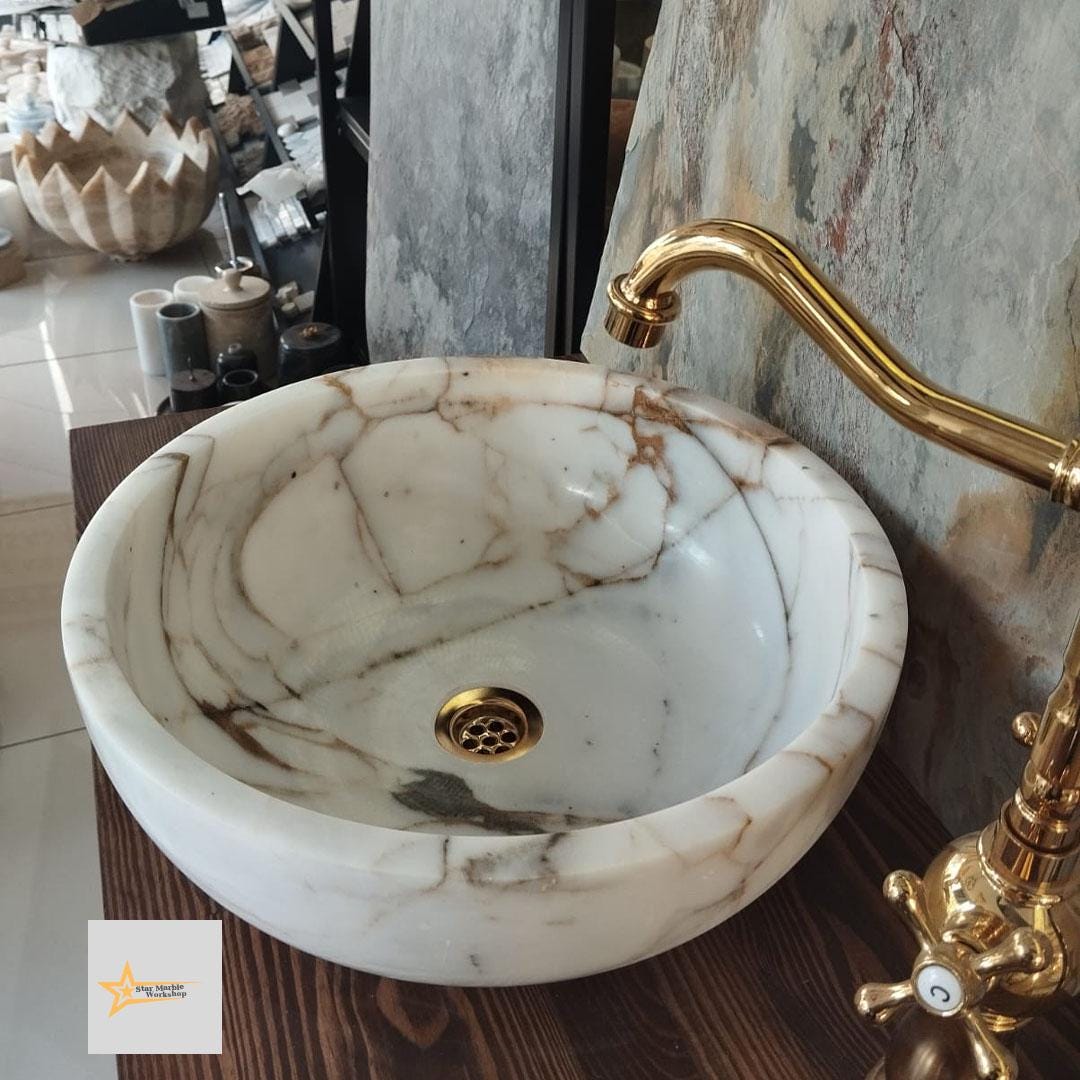 Ready to Ship Gold Calacatta Round Sink Counter Top Sink Toilet Room Sink Calacatta Sink Hand Carved Marble Sink Marble Sink Sink vanity