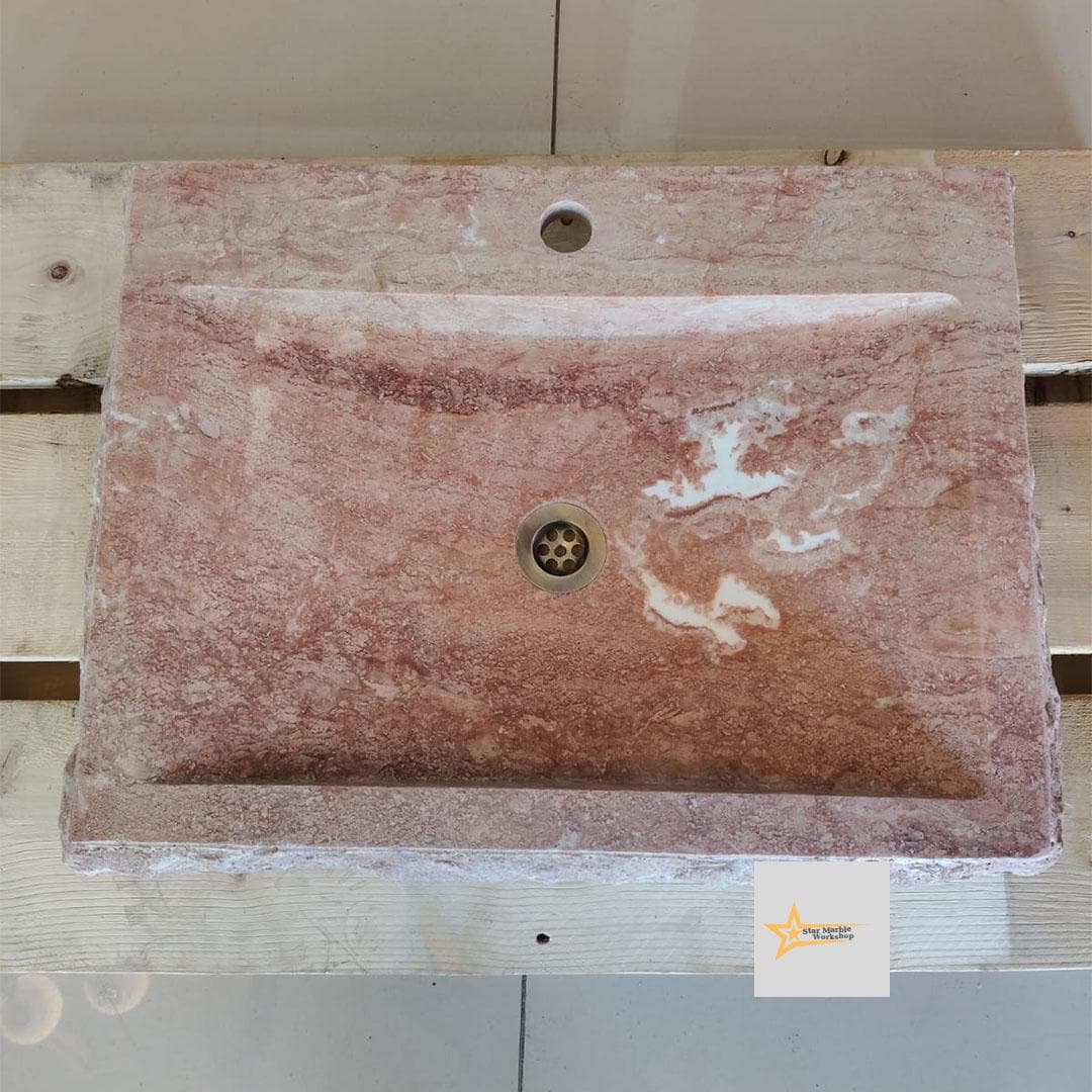 Ready to Ship Red Travertine Sink Farmhouse Sink Powder Room Sink Hand Carved Marble Sink Bathroom Sink Natural Stone With Faucet Hole