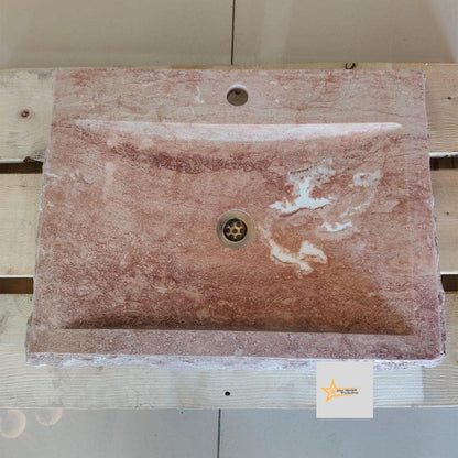 Ready to Ship Red Travertine Sink Farmhouse Sink Powder Room Sink Hand Carved Marble Sink Bathroom Sink Natural Stone With Faucet Hole