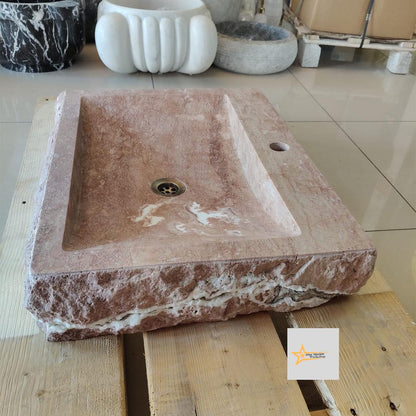 Ready to Ship Red Travertine Sink Farmhouse Sink Powder Room Sink Hand Carved Marble Sink Bathroom Sink Natural Stone With Faucet Hole